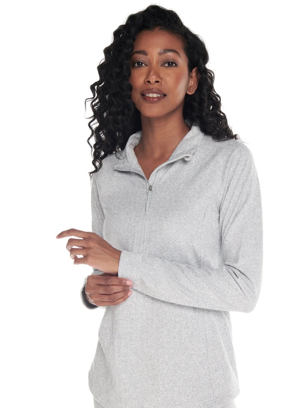 Gray Herringbone Activewear Set Quarter Zip Pullover & Leggings